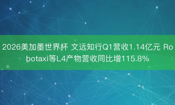 2026美加墨世界杯 文远知行Q1营收1.14亿元 Robotaxi等L4产物营收同比增115.8%